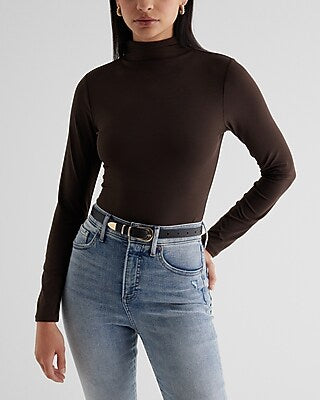 Express Women's Body Contour High Compression Mock Neck Long Sleeve Bodysuit in Espresso