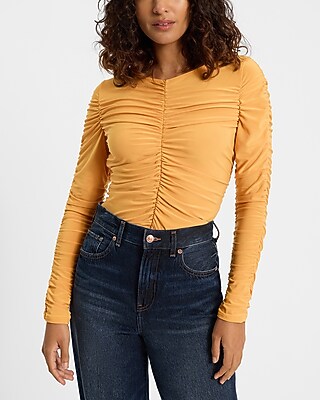 Express Women's Crew Neck Long Sleeve Ruched T-Shirt in Orange Small