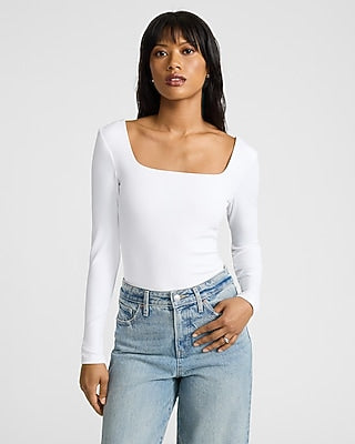 Express Women's Body Contour High Compression Square Neck Long Sleeve T-Shirt in White