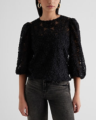 Express Women's Textured Floral Crew Neck Puff Sleeve Top in Pitch Black