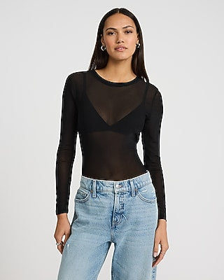 Express Women's Fitted Mesh Crew Neck Long Sleeve T-Shirt in Black Small