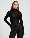 Express Women's Fitted Mesh Mock Neck Long Sleeve Bodysuit in Pitch Black