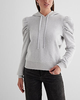 Express Women's Skimming Puff Sleeve Fleece Hoodie in Silver Heather Gray