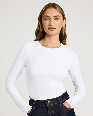Express Women's Body Contour High Compression Crew Neck Long Sleeve Bodysuit in White