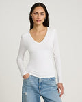 Express Women's Supersoft Fitted Double Layer V-Neck Long Sleeve T-Shirt in White