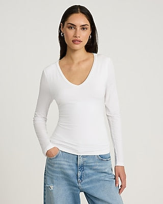 Express Women's Supersoft Fitted Double Layer V-Neck Long Sleeve T-Shirt in White