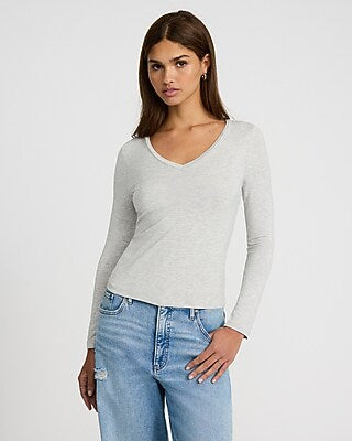 Express Women's Supersoft Fitted Double Layer V-Neck Long Sleeve T-Shirt in Gray Small