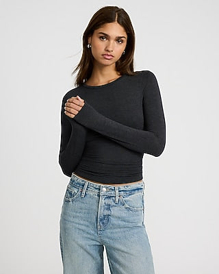 Express Women's Supersoft Fitted Double Layer Crew Neck Long Sleeve T-Shirt in Gray Small
