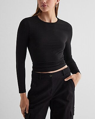 Express Women's Supersoft Fitted Double Layer Crew Neck Long Sleeve T-Shirt in Pitch Black