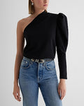 Express Women's Skimming One Shoulder Puff Sleeve Top in Pitch Black