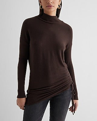 Express Women's Ribbed Cozy Knit Mock Neck Cinched Side Top in Espresso