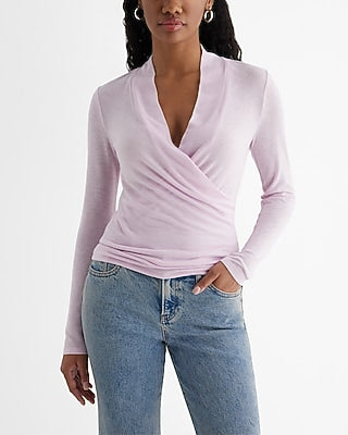 Express Women's Skimming Lightweight V-Neck Long Sleeve Surplice T-Shirt in Petal