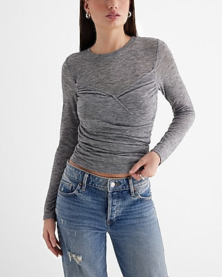 Express Women's Fitted Light Weight Crew Neck Wrap Front T-Shirt in Gray