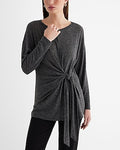 Express Women's Skimming Lightweight Crew Neck Long Sleeve Tie Front T-Shirt in Gray Small