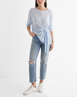 Express Women's Skimming Lightweight Crew Neck Long Sleeve Tie Front T-Shirt in Chill Blue