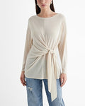 Express Women's Skimming Lightweight Crew Neck Long Sleeve Tie Front T-Shirt in Neutral Small