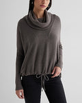 Express Women's Ribbed Cozy Knit Turtleneck Cinched Hem Top in Brown Small