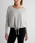 Express Women's Ribbed Cozy Knit Crew Neck Cinched Hem Top in Silver Heather Gray