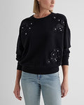 Express Women's Floral Embellished Rhinestone Crew Neck Fleece Sweatshirt in Black Small