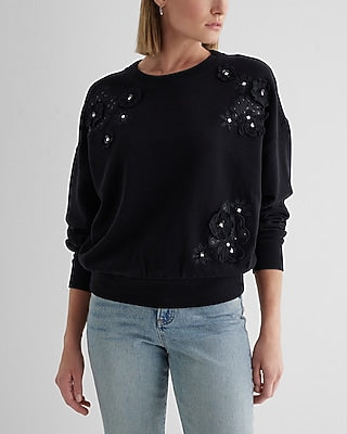 Express Women's Floral Embellished Rhinestone Crew Neck Fleece Sweatshirt in Black Small