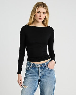 Express Women's Supersoft Fitted Boat Neck Long Sleeve T-Shirt in Black Small
