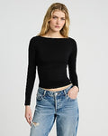 Express Women's Supersoft Fitted Boat Neck Long Sleeve T-Shirt in Pitch Black