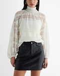 Express Women's Skimming Mesh Pleated Mock Neck Balloon Sleeve Top in Swan