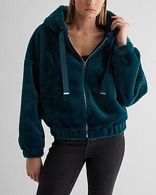 Express Women's Faux Fur Zip Up Hoodie in Deep Teal