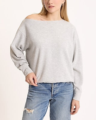 Express Women's Relaxed Luxe Lounge Off The Shoulder Sweatshirt in Silver Heather Gray