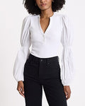 Express Women's V-Neck Long Puff Sleeve Henley Bodysuit in White