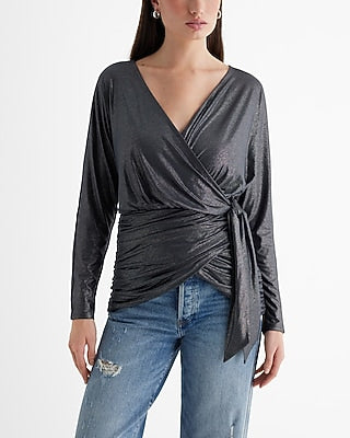 Express Women's Relaxed Foil V-Neck Surplice Tie Waist Top in Gun Metal Gray