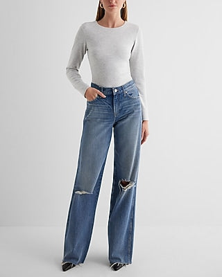 Express Women's Body Contour Luxe Lounge Crew Neck Long Sleeve Bodysuit in Gray Small