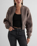 Express Women's Teddy Cropped Bomber Jacket in Iron