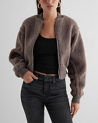 Express Women's Teddy Cropped Bomber Jacket in Iron