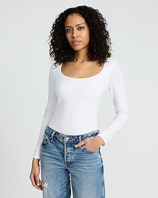 Express Women's Body Contour Light Compression Stretch Cotton Scoop Neck Long Sleeve Bodysuit in White