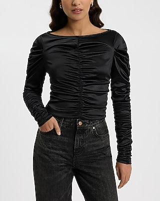 Express Women's Satin Ruched Long Sleeve T-Shirt in Black Small