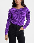 Express Women's Satin Ruched Long Sleeve T-Shirt in Purple Small