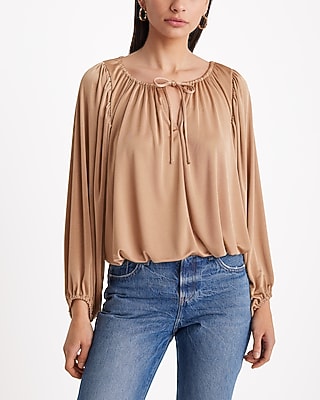 Express Women's Relaxed Satin Gathered V-Neck Drawstring Top in Pecan