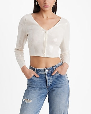 Express Women's Sequin V-Neck Long Sleeve Cropped Cardigan in Swan