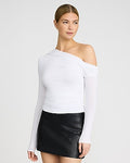Express Women's Asymmetrical Off The Shoulder Ruched Long Sleeve Top in White Small