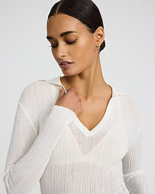 Express Women's Sheer Ribbed Collared V-Neck Long Sleeve T-Shirt in White Small