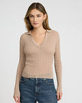Express Women's Sheer Ribbed Collared V-Neck Long Sleeve T-Shirt in Neutral Small