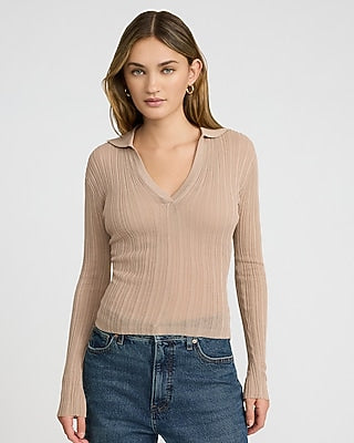 Express Women's Sheer Ribbed Collared V-Neck Long Sleeve T-Shirt in Neutral Small