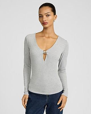 Express Women's Gold Hardware V-Neck Long Sleeve T-Shirt in Gray Small