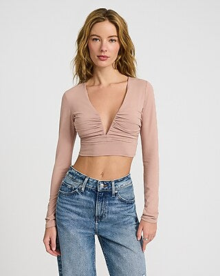 Express Women's V-Neck Long Sleeve Ruched Crop Top in Ivory