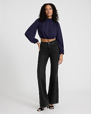 Express Women's Mock Neck Long Sleeve Crop Top in Navy Blue