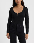 Express Women's Body Contour Luxe Lounge Long Sleeve Zip Scoop Neck Bodysuit in Pitch Black