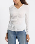 Express Women's Fitted V-Neck Long Sleeve Ruched T-Shirt in Ivory