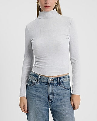 Express Women's Ribbed Long Sleeve Mock Neck T-Shirt in Silver Heather Gray