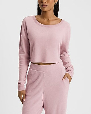 Express Women's Waffle Crew Neck Long Sleeve Crop Boyfriend Top in Blush